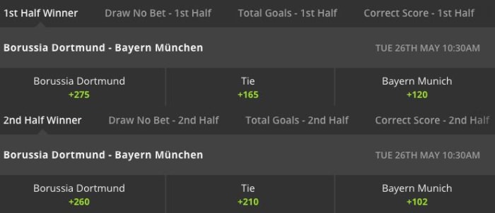 Quarter and Haltime Betting Odds